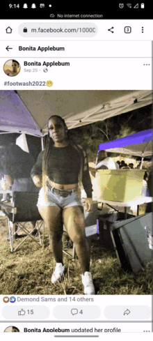 a facebook page for bonita applebum has a picture of a woman standing under a tent