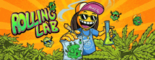 a cartoon of a man smoking a cigarette and holding a beaker with rolling lab written on it