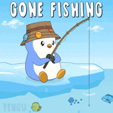 a cartoon of a penguin fishing with the words gone fishing