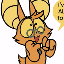 a cartoon cat is wearing glasses and has a speech bubble that says i 'm all to