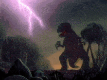 a dinosaur is standing in the rain with a lightning bolt in the background