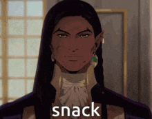 a cartoon of a man with long hair and the word snack on the bottom