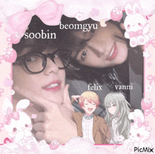 a picture of soobin felix vanni and beomgyu with a pink frame