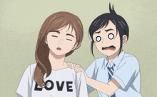 a girl wearing a white shirt that says love