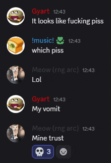 a screenshot of a conversation between gyart and meow with a skull icon