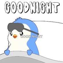 a penguin wearing a sleep mask is laying in bed with the words `` good night '' written above it .