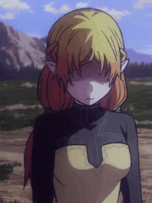 a girl with blonde hair and ears is standing in a field with her eyes closed