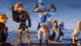 a group of cartoon characters are standing on top of a beach .