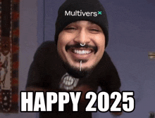 a man wearing a hat that says multiverse on it says happy 2025