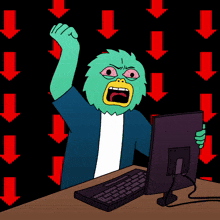 a cartoon character is sitting in front of a computer with red arrows pointing downwards
