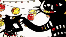a black cat is playing with a string of lanterns on a white background .