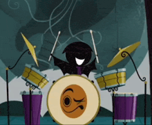 a cartoon character is playing drums with a bat behind him