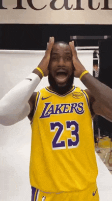 a man wearing a lakers jersey with the number 23