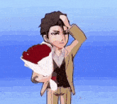 a man in a suit is holding a bouquet of red roses and scratching his head .