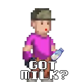 a pixel art of a man holding a bottle of milk and the words got milk ?