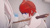 a girl with red hair and blue eyes holds chopsticks