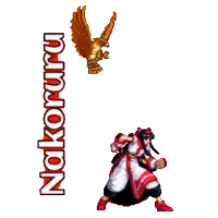 a video game character is being attacked by a golden eagle and the word nakoru is on the bottom right