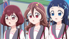 three anime girls are standing next to each other