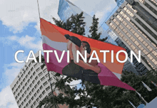 a flag with a picture of a man kissing another man and the words caitvination below it