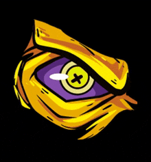 a cartoon drawing of a yellow and purple eye with a green cross in it