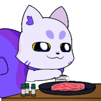 a cartoon of a cat sitting at a table with a steak on it