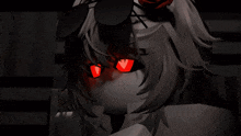 a close up of a person 's face with red eyes and glasses .
