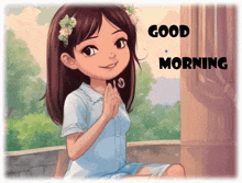 a girl with a flower in her hair is sitting on a bench with the words good morning above her