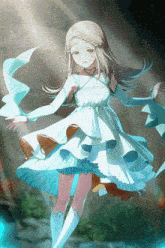 a girl in a white dress is dancing with a blue ribbon