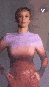 a woman in a purple top and brown pants is standing with her hands in her pockets and a reflection of her face .