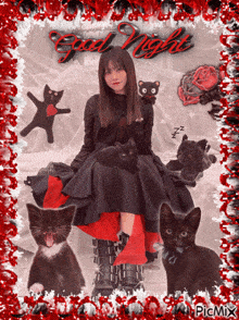 a picture of a girl surrounded by black cats with the words good night written above her