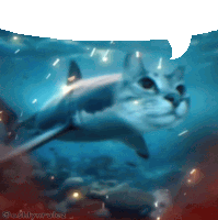 a cat is swimming in the ocean with a speech bubble behind it
