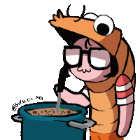 a cartoon of a person in a shrimp costume stirring soup