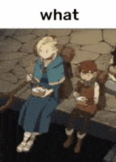 a couple of anime characters sitting next to each other with the word what in the upper right corner