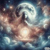 a painting of a woman surrounded by planets and clouds with pixiz in the bottom right corner