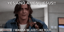 a man says yes and amen jesus while holding a microphone