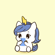 a cartoon drawing of a unicorn with a bell above it