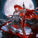 a woman with red hair is holding a large sword