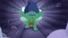 a troll with blue hair and a mustache is looking out of a hole in the ground