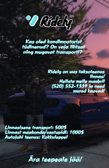 a man is standing in front of a blue truck that says ridely on it