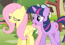 twilight sparkle and fluttershy are standing next to each other in a cartoon