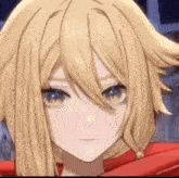 a close up of a blonde anime girl 's face with a red cape .