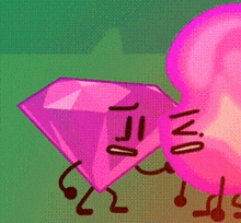 a purple diamond and a pink bubble are standing next to each other on a green background .