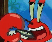 a crab from spongebob is eating a piece of bread