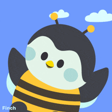 a penguin dressed as a bee with the name finch on the bottom
