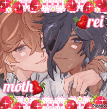 a picture of two anime characters with strawberries and the word moth on the bottom right
