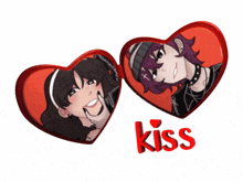 a couple of hearts with the word kiss in red
