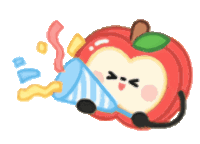 a drawing of an apple holding a party hat