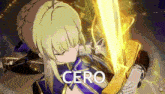 a cartoon character is holding a sword with the word cero written on it