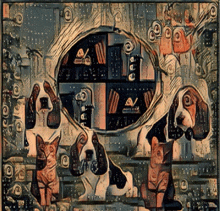 a painting of a cat and a dog with a magnifying glass