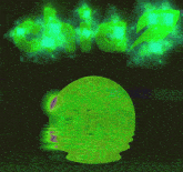 a green and purple graphic with a skull in the foreground and a green glowing object in the background